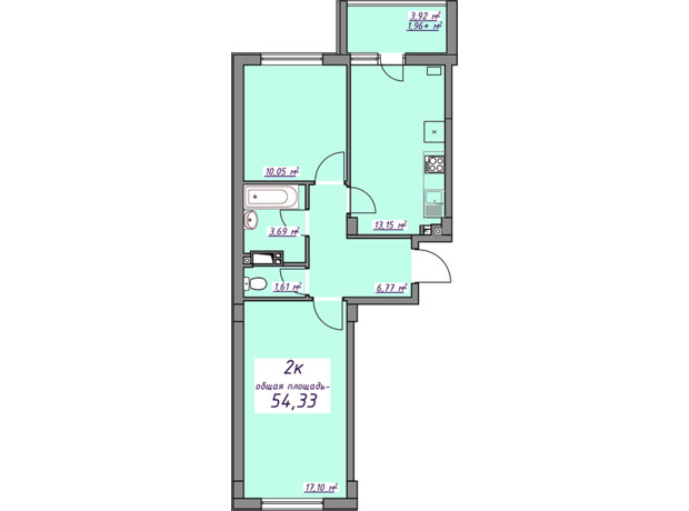 ЖК Седьмое небо: планировка 2-комнатной квартиры 54 м²