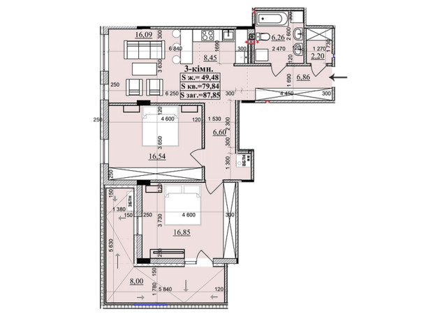 ЖК KhustSky: планировка 3-комнатной квартиры 87.85 м²