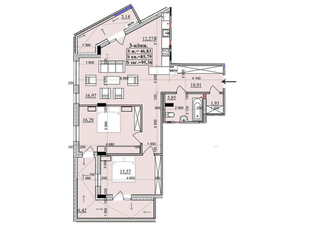 ЖК KhustSky: планировка 3-комнатной квартиры 95.36 м²