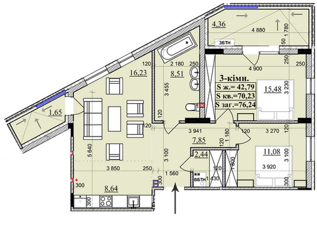 ЖК KhustSky: планировка 3-комнатной квартиры 76.24 м²