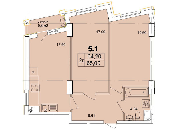 Апарт-комплекс Итака: планировка 2-комнатной квартиры 65 м²