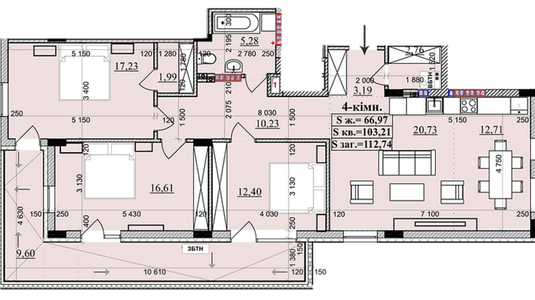 Планування 4-кімнатної квартири в ЖК KhustSky 112.74 м², фото 655316