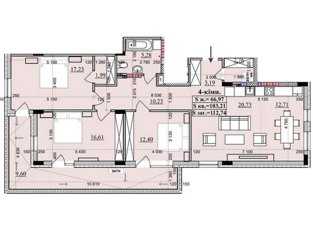 ЖК KhustSky: планировка 4-комнатной квартиры 112.74 м²