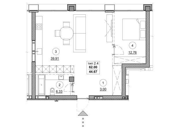 ЖК Олимпийский : планировка 2-комнатной квартиры 62 м²