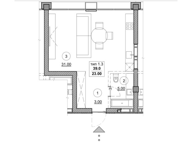 ЖК Олимпийский : планировка 1-комнатной квартиры 39 м²