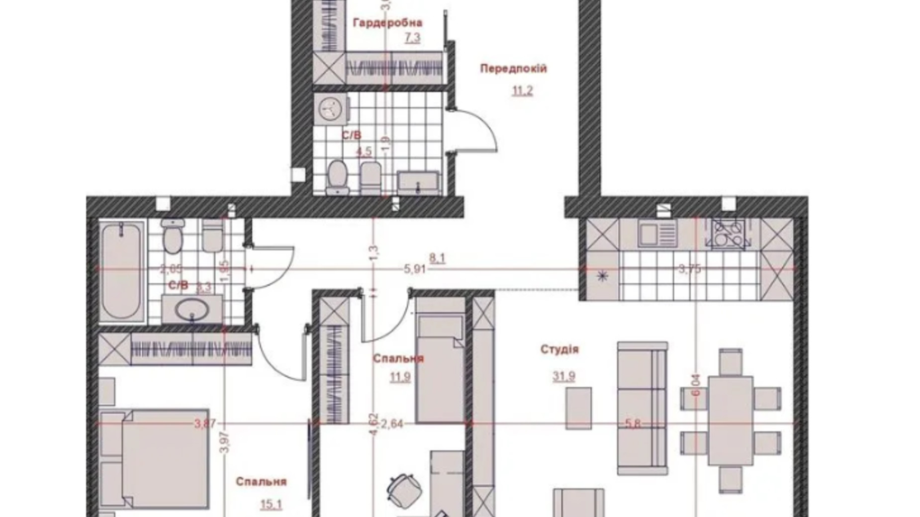 Планировка 2-комнатной квартиры в ЖК Оскар 114 м², фото 655358