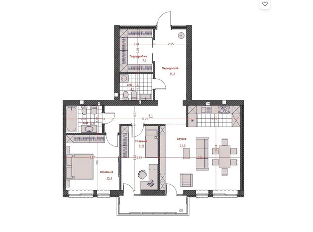 ЖК Оскар: планировка 2-комнатной квартиры 114 м²