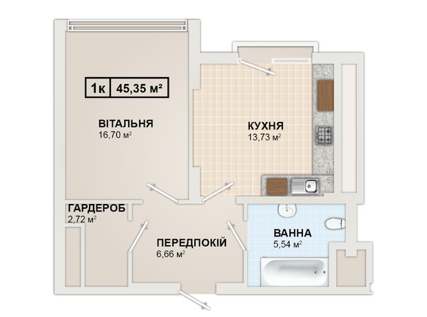 ЖК HydroPark DeLuxe: планування 1-кімнатної квартири 45.72 м²