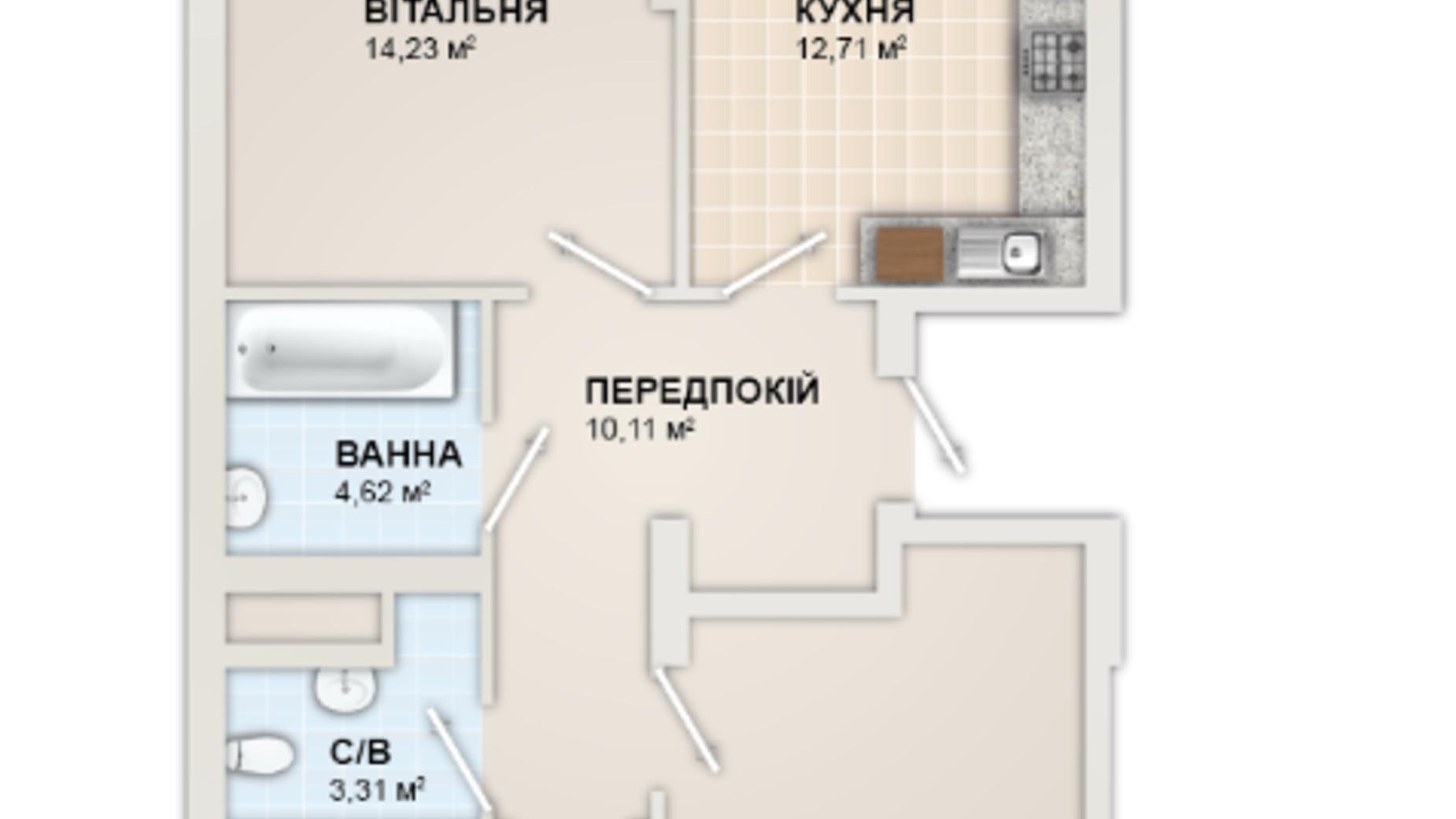 Планировка 3-комнатной квартиры в ЖК HydroPark DeLuxe 89.49 м², фото 655408