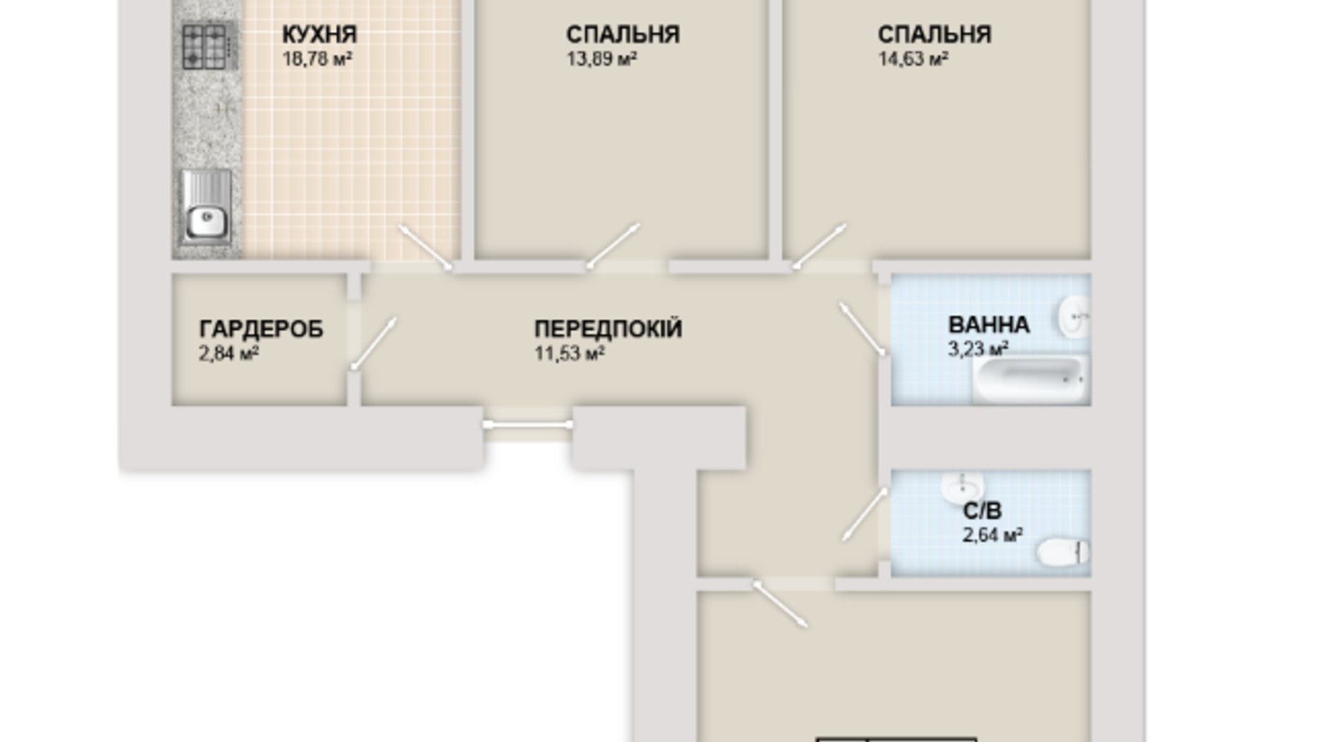 Планування 3-кімнатної квартири в ЖК Містечко Козацьке 88.76 м², фото 655413