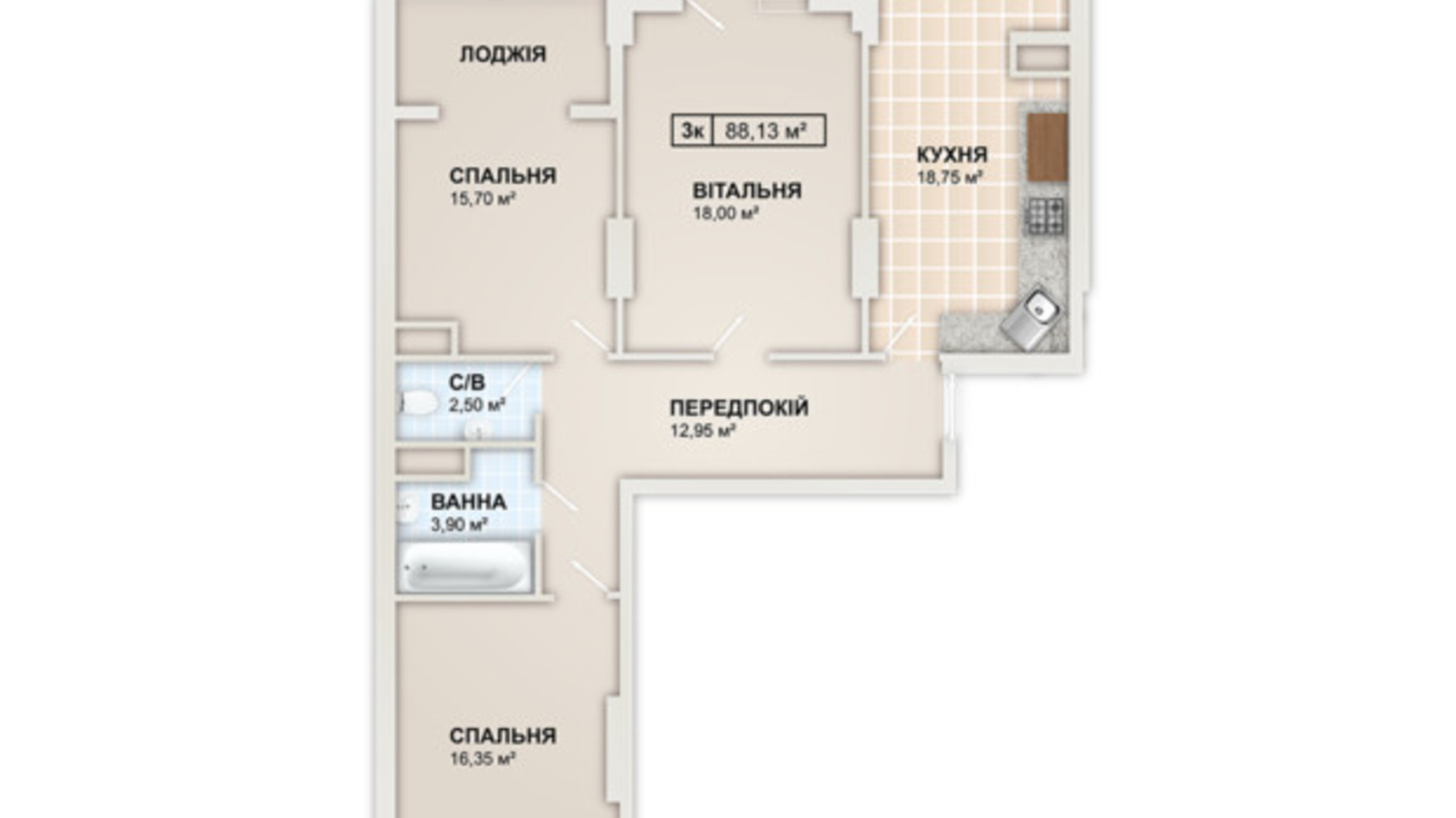 Планировка 3-комнатной квартиры в ЖК Lystopad 88.13 м², фото 655418