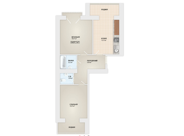 ЖК Містечко Мануфактура: планування 2-кімнатної квартири 67.1 м²