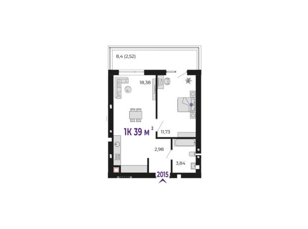 ЖК Долішній: планування 1-кімнатної квартири 39 м²