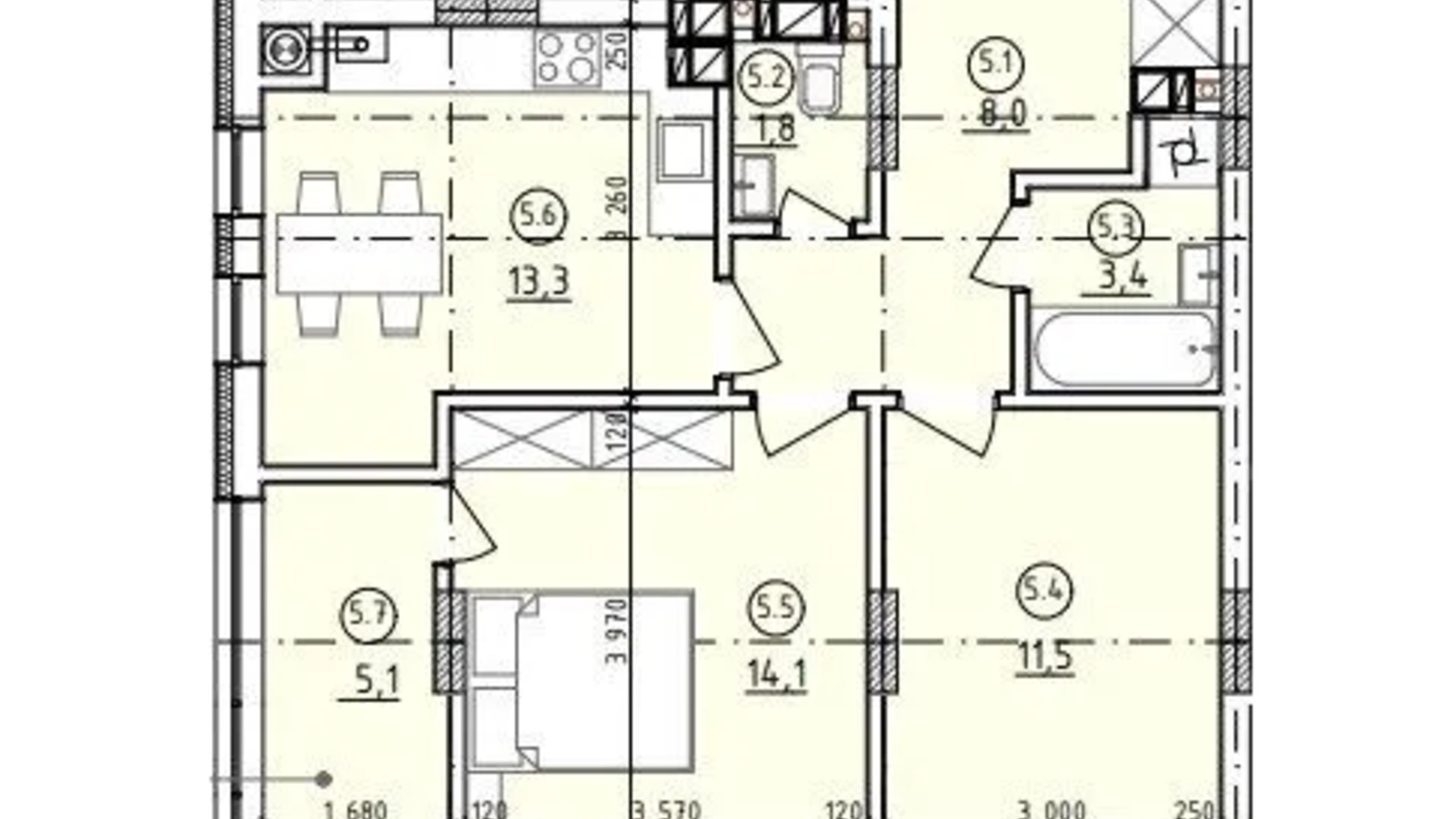 Планировка 2-комнатной квартиры в ЖК ул. Кульпарковская, 190 57.2 м², фото 656483