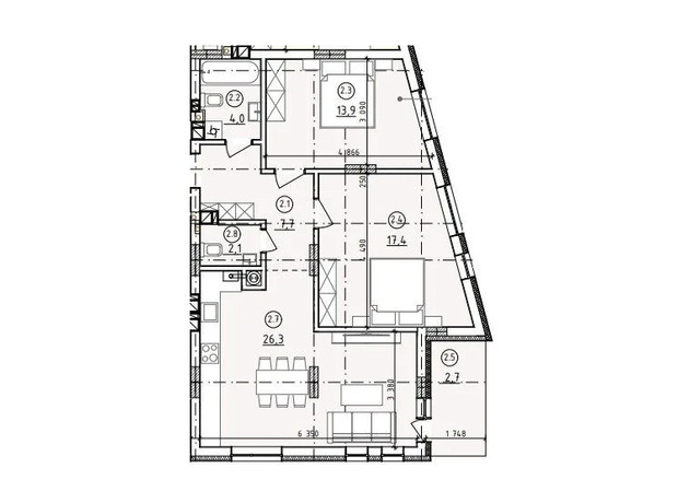 ЖК ул. Кульпарковская, 190: планировка 2-комнатной квартиры 74.1 м²