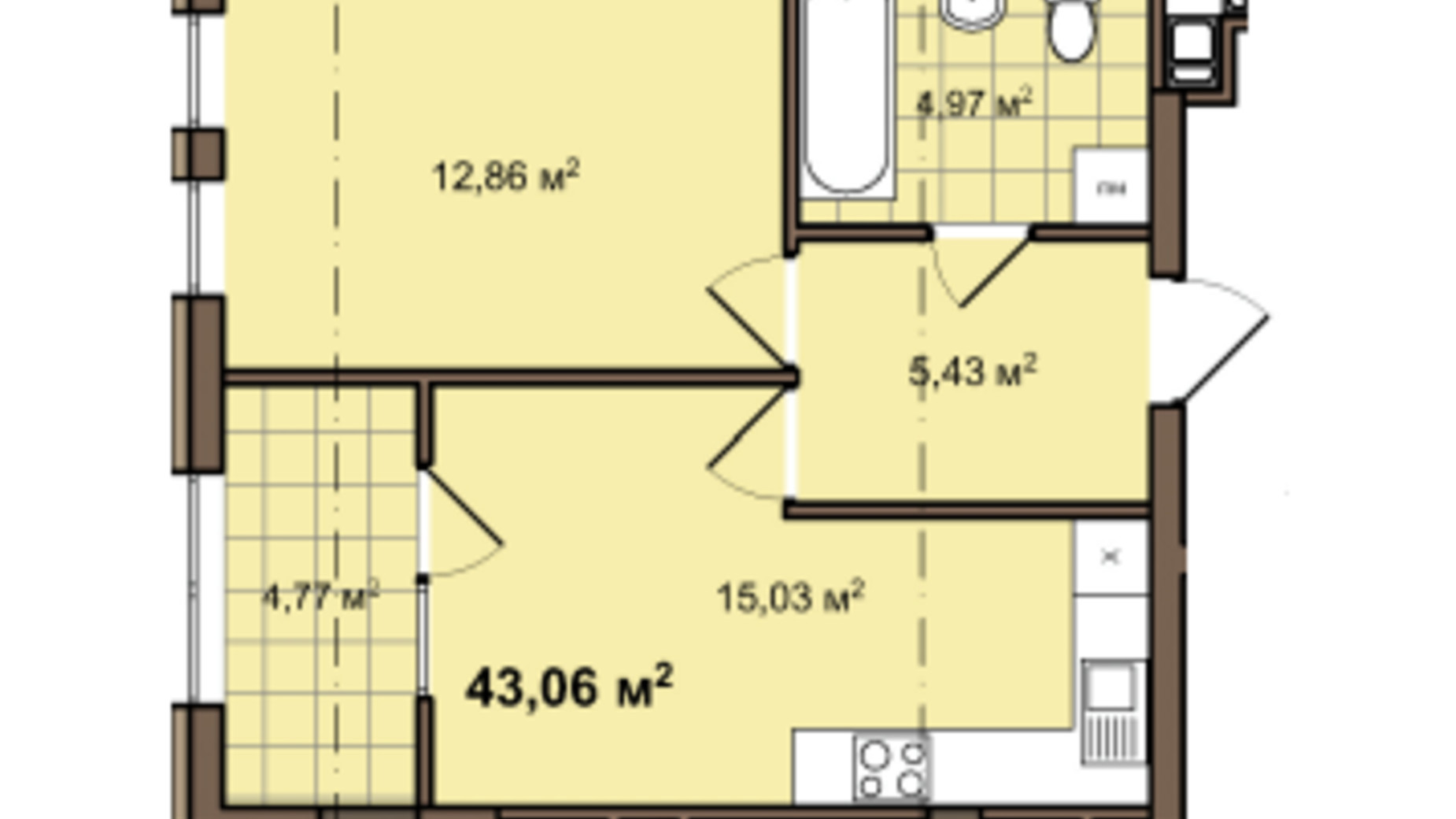 Планировка 1-комнатной квартиры в ЖК ул. Даниила Галицкого, 2А 43.06 м², фото 656501
