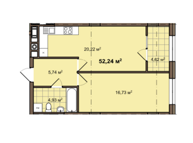 ЖК ул. Даниила Галицкого, 2А: планировка 1-комнатной квартиры 52.24 м²