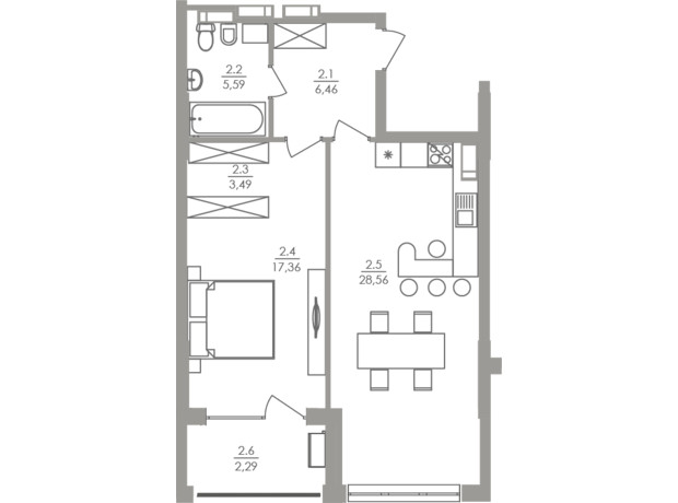 ЖК Greenville на Печерске: планировка 1-комнатной квартиры 63.7 м²