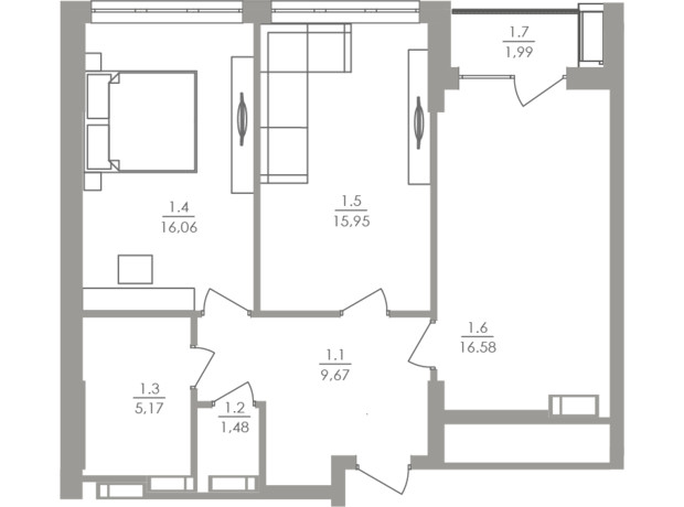 ЖК Greenville на Печерске: планировка 2-комнатной квартиры 66.2 м²