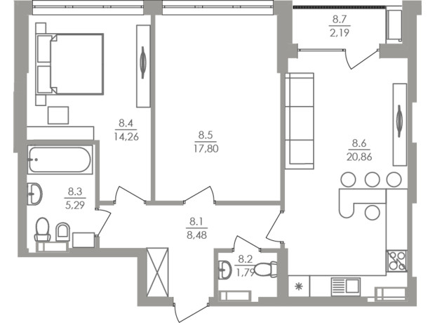 ЖК Greenville на Печерске: планировка 2-комнатной квартиры 71.2 м²