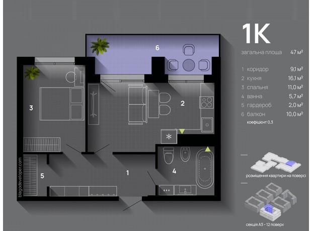 ЖК Manhattan Up: планування 1-кімнатної квартири 47 м²