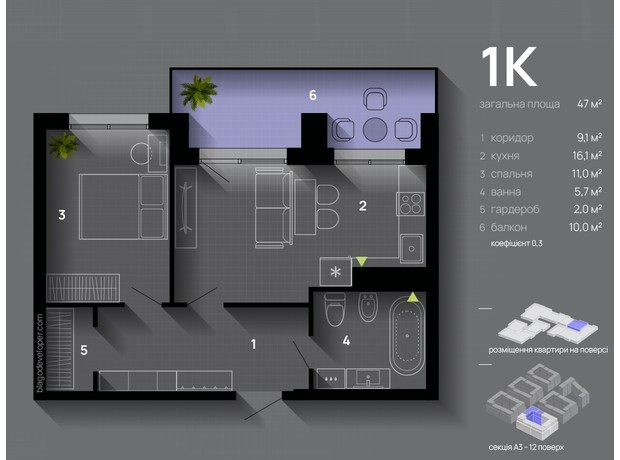 ЖК Manhattan Up: планировка 1-комнатной квартиры 47 м²