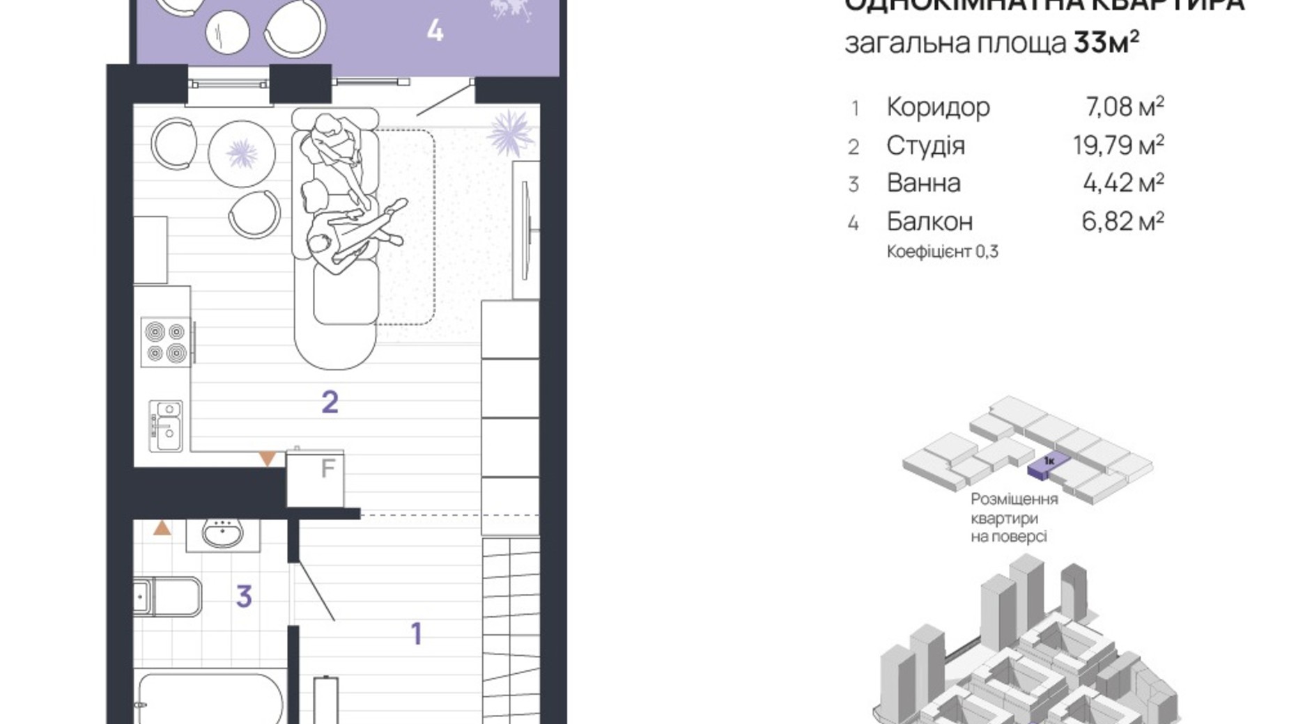 Планування 1-кімнатної квартири в ЖК Manhattan Up 33 м², фото 656774