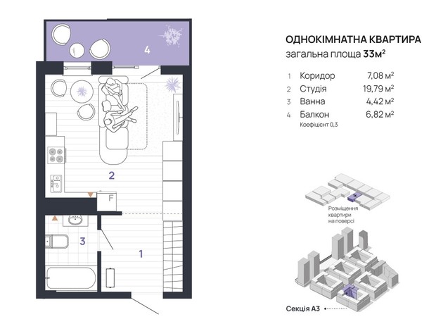 ЖК Manhattan Up: планування 1-кімнатної квартири 33 м²