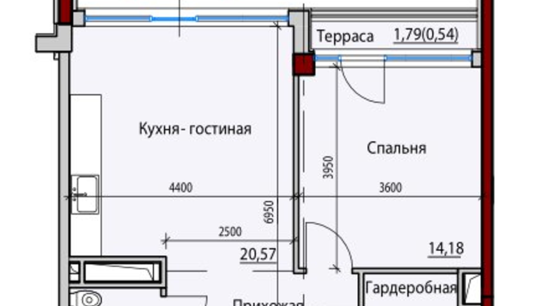 Планування 1-кімнатної квартири в ЖК ITown 51.7 м², фото 657148