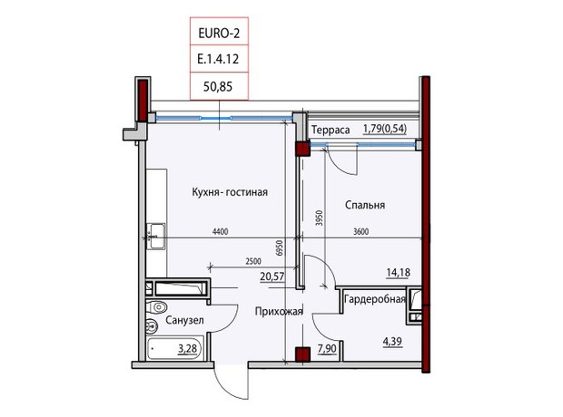 ЖК ITown: планування 1-кімнатної квартири 51.7 м²