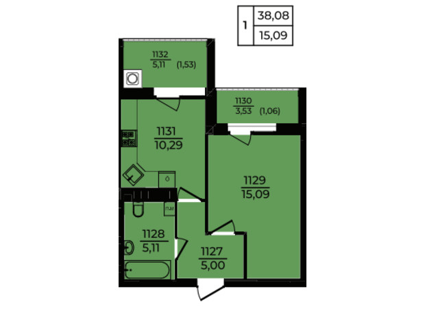 ЖК Едем: планування 1-кімнатної квартири 38.08 м²