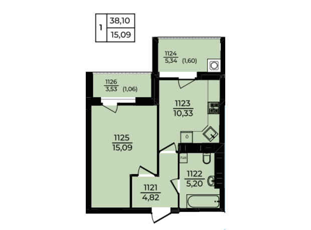 ЖК Едем: планування 1-кімнатної квартири 38.1 м²