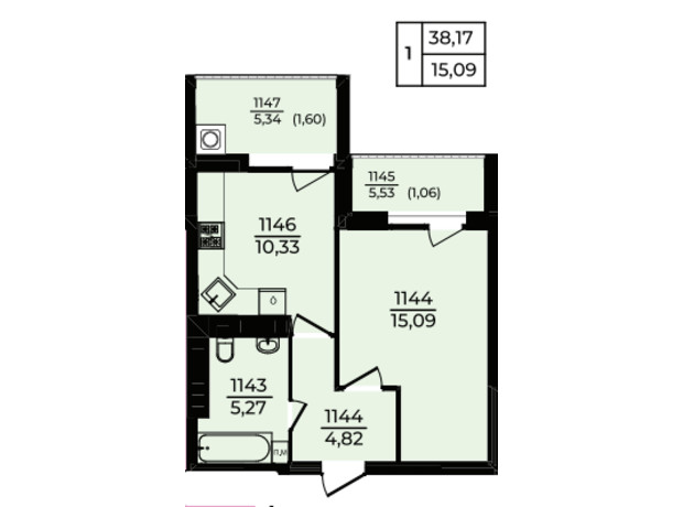 ЖК Эдем: планировка 1-комнатной квартиры 38.17 м²