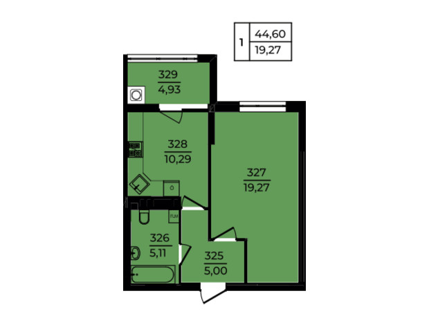 ЖК Эдем: планировка 1-комнатной квартиры 44.6 м²