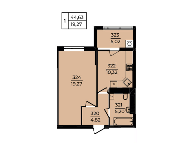 ЖК Едем: планування 1-кімнатної квартири 44.63 м²