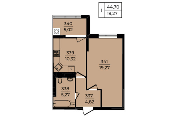 ЖК Эдем: планировка 1-комнатной квартиры 44.7 м²