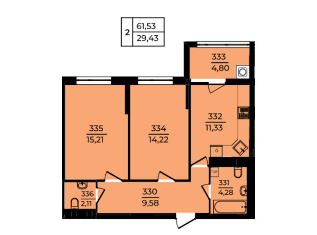 ЖК Эдем: планировка 2-комнатной квартиры 61.53 м²