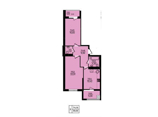 ЖК Эдем: планировка 2-комнатной квартиры 74.16 м²