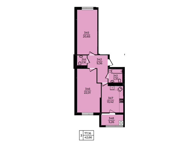 ЖК Эдем: планировка 2-комнатной квартиры 77.16 м²