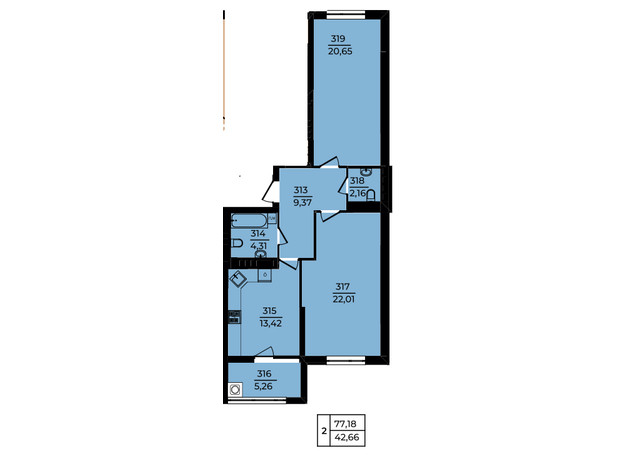 ЖК Эдем: планировка 2-комнатной квартиры 77.18 м²