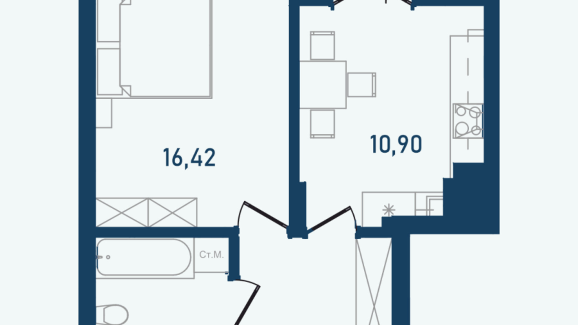 Планування 1-кімнатної квартири в ЖК Престижний 2 42.38 м², фото 657190