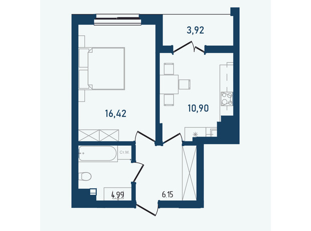 ЖК Престижний 2: планування 1-кімнатної квартири 42.38 м²