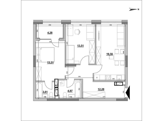 ЖК Park Life: планування 2-кімнатної квартири 71.51 м²
