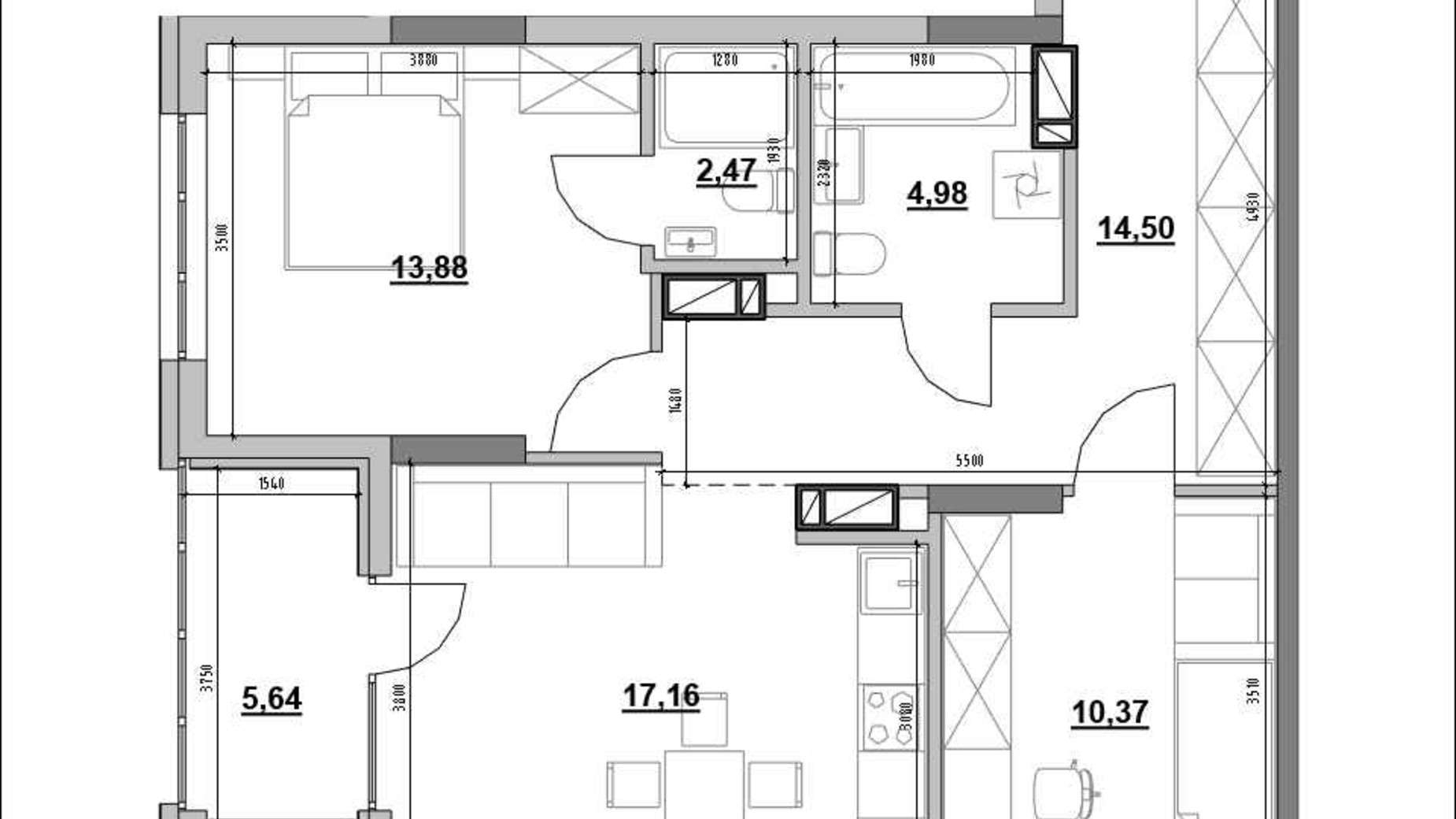 Планування 2-кімнатної квартири в ЖК Park Life 69 м², фото 657843