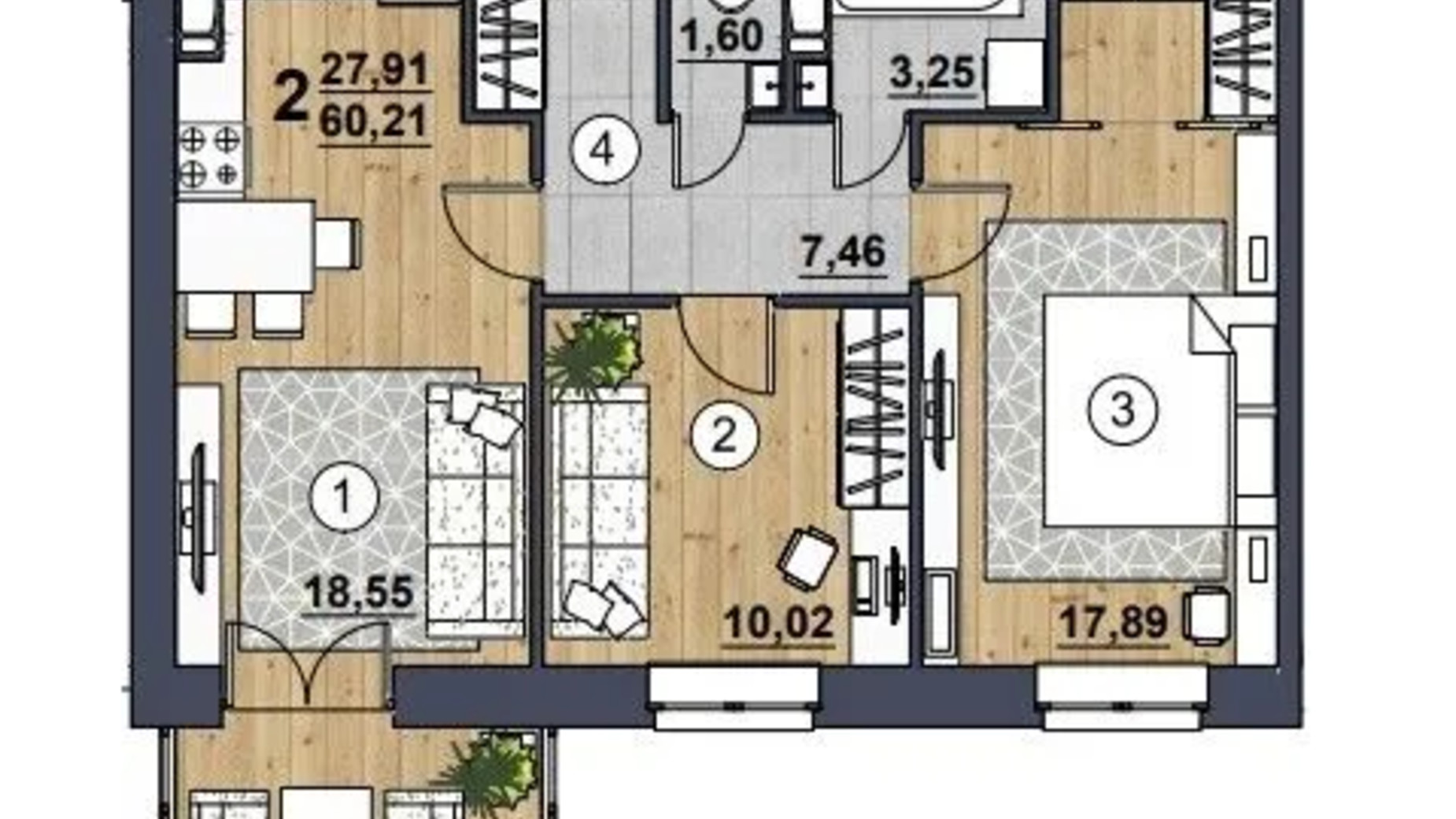 Планировка 2-комнатной квартиры в ЖК Scandinavia 60.21 м², фото 658063