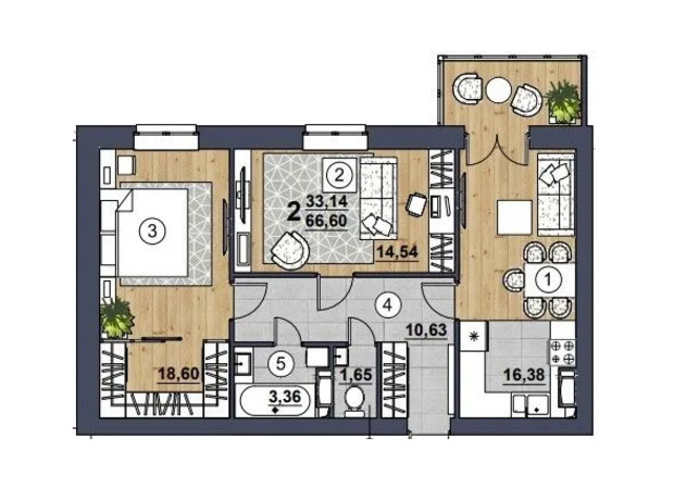 ЖК Scandinavia: планировка 2-комнатной квартиры 66.6 м²