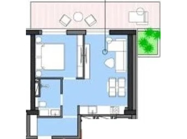 ЖК Borgo Verde: планировка 1-комнатной квартиры 42.53 м²