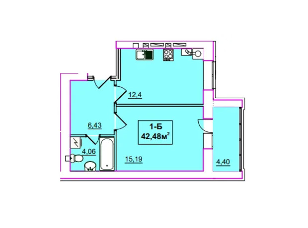 ЖК Независимость: планировка 1-комнатной квартиры 42.48 м²