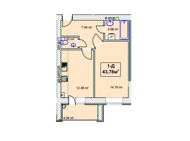 ЖК Независимость: планировка 1-комнатной квартиры 42.78 м²