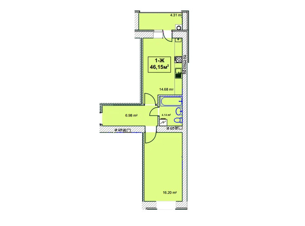 ЖК Незалежність: планування 1-кімнатної квартири 46.15 м²